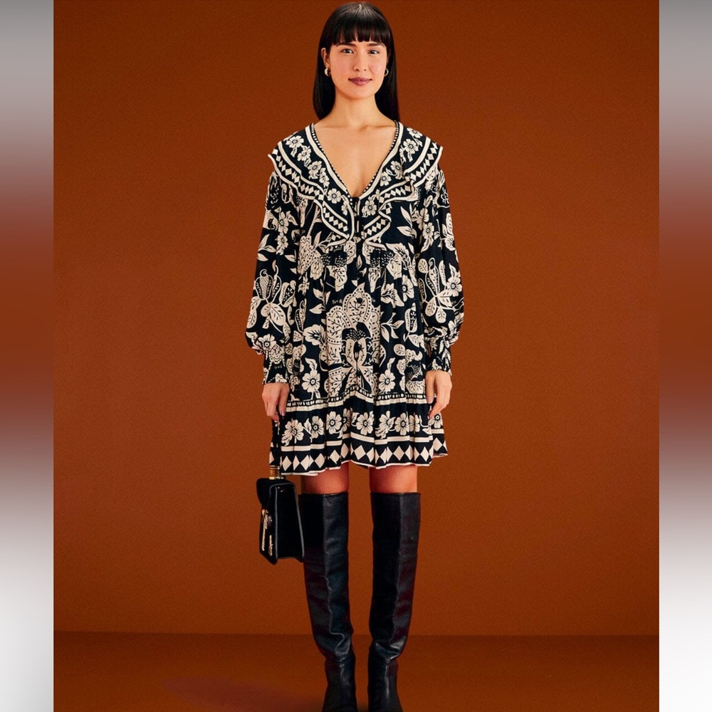 NWOT FARM RIO Black Graphic Floral Mini Dress XS